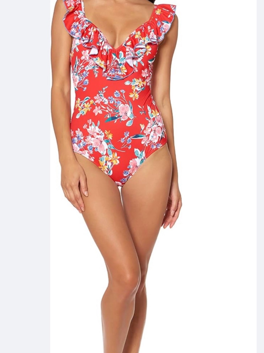 Jessica Simpson Forget Me Not Red Floral Ruffle One-Piece with Caftan